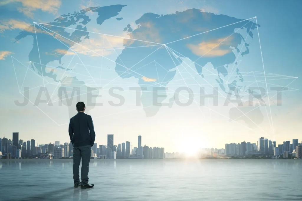 
International Business Concept With Businessman On City Skyline Background With Network On Map And Sunlight