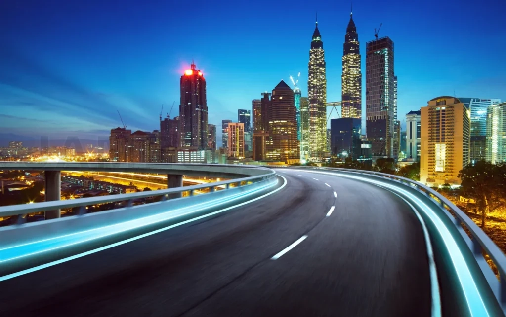 
Blue Neon Light Highway Overpass Motion Blur With City  Skyline Background , Night Scene