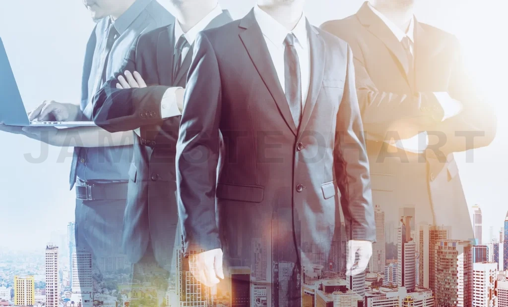 
Business Partner Team Standing Together , Double Exposure Effect With Cityscape