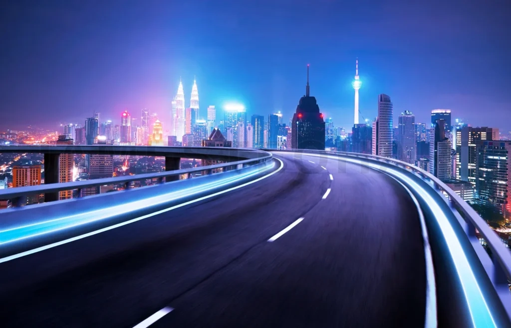 
Moving Forward Motion Blur Flyover With City Skyline ,Night Scene