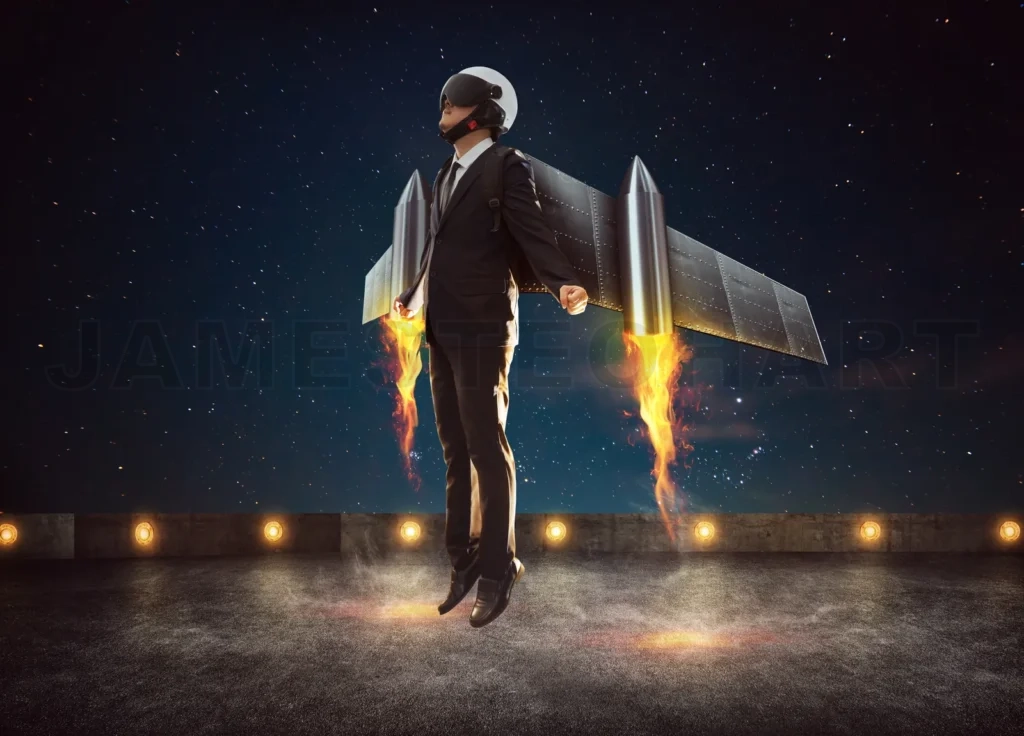 
Businessman Wear A Rocket Suit To Lift , Business Success Concept