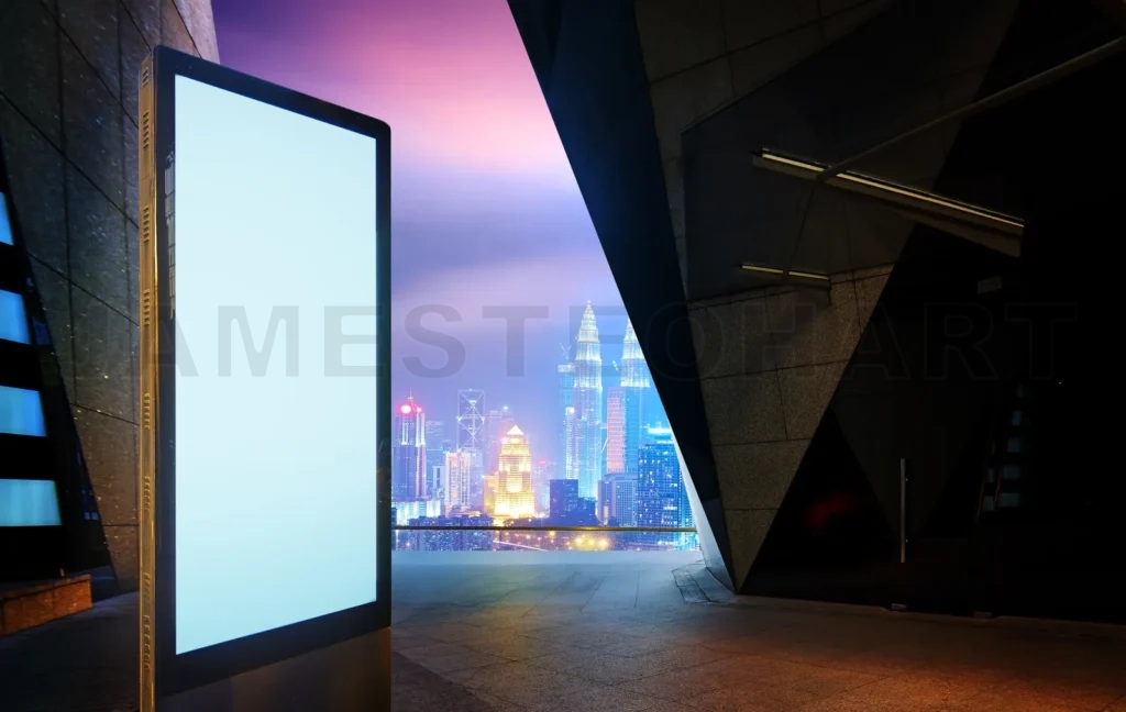 
Blank Advertising Billboard At Night Against Modern Building City Skyline Background
