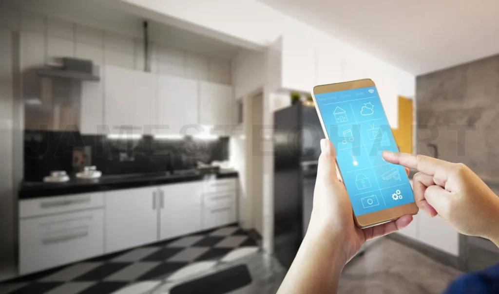 
Female hand is adjusting lighting with smart phone