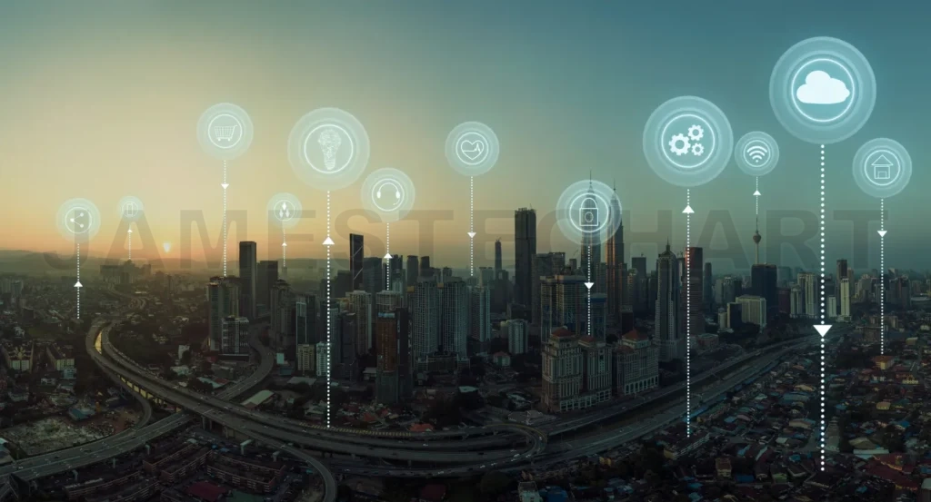 
Panorama Aerial View In The  Cityscape Skyline  With Smart Services And Icons, Internet Of Things, Networks And Augmented Reality Concept , Early Morning Sunrise Scene