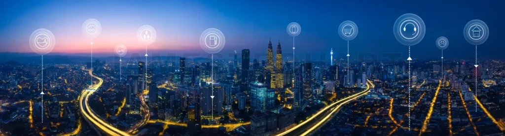 
Panorama Aerial View In The  Cityscape Skyline  With Smart Services And Icons, Internet Of Things, Networks And Augmented Reality Concept , Early Morning Sunrise Scene