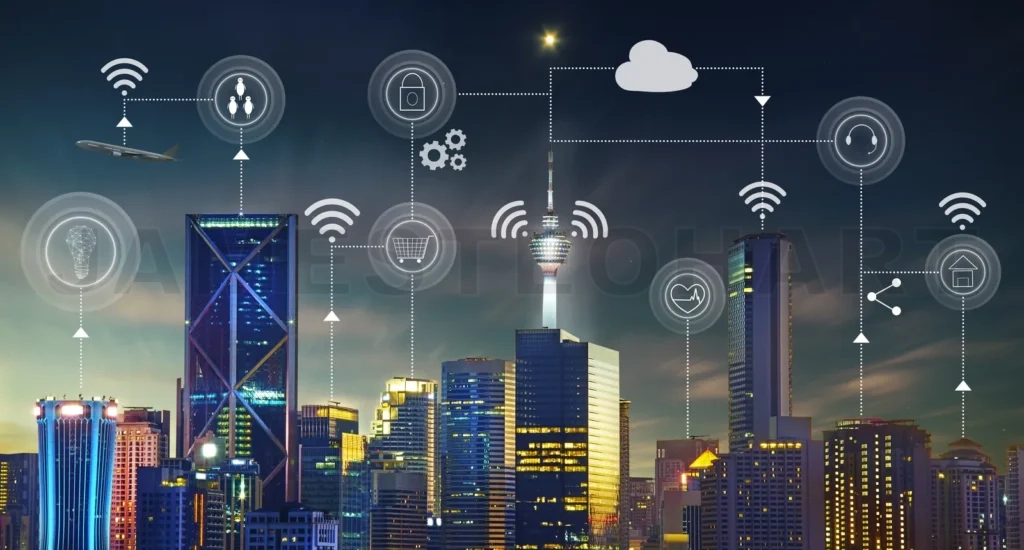
Smart City With Contemporary Buildings, Traffic, Networks, Connection And Internet Of Things Icons On Top