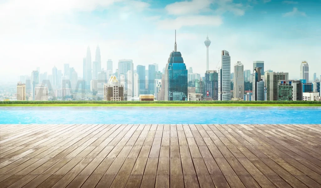 
Empty Wooden Deck With Swimming Pool , Beautiful Pool Side View With  City Skyline