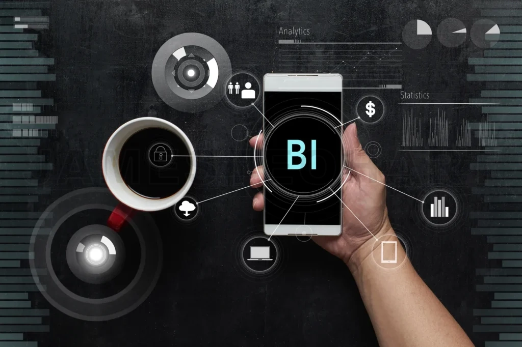 
Man Using Digital Device With “Bi” Word And  Fintech Infographic Icon On Virtual Screen