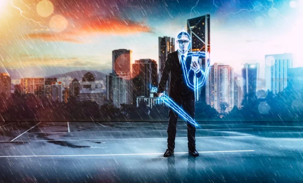 
Businessman Turned Into Thunder Warrior,Holding A Lightning Sword And Shield ,Preparation, Protection, Precaution And Security In Business Concept