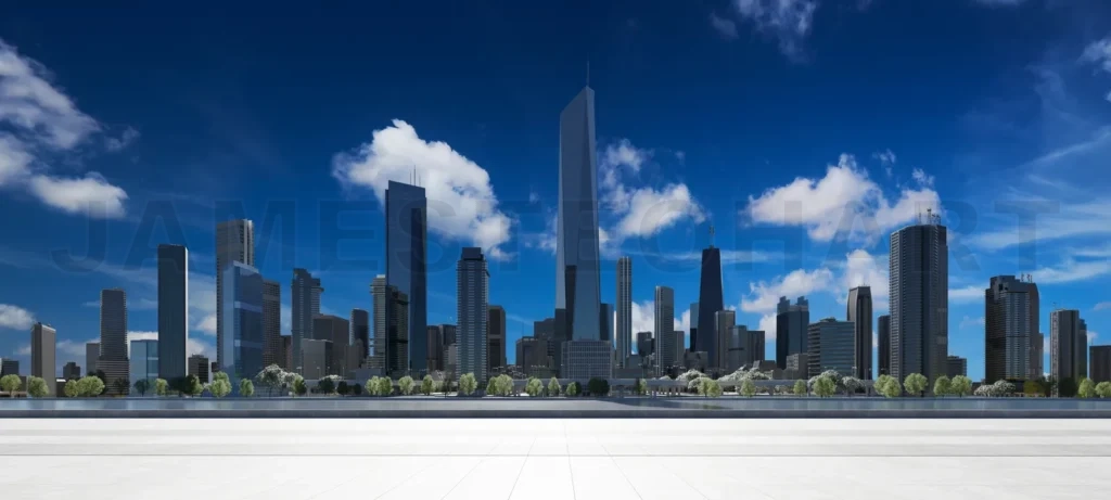 
3D Modern city with a beautiful view and empty floor in front
